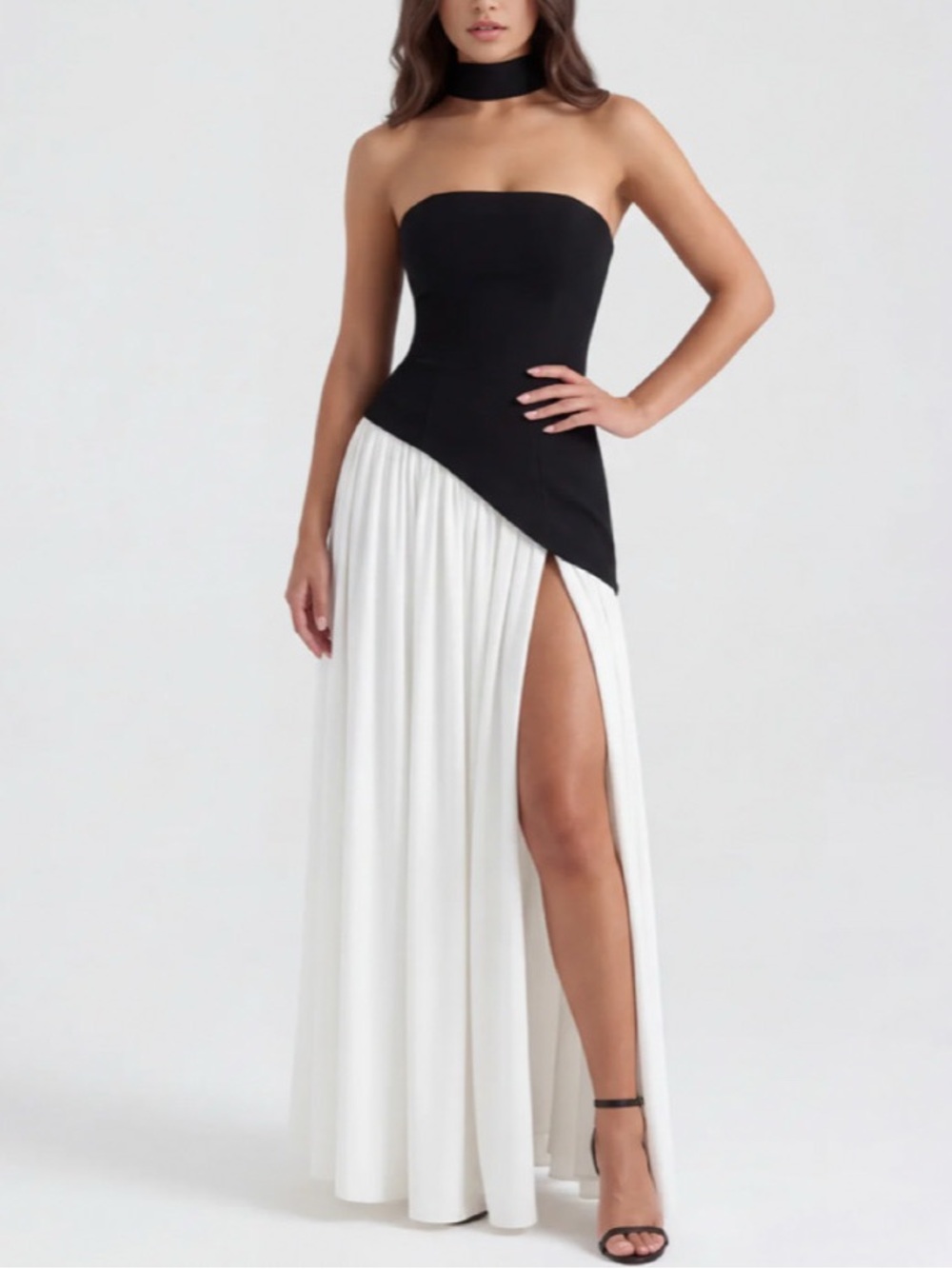Black and White Strapless Maxi Dress with High Slit